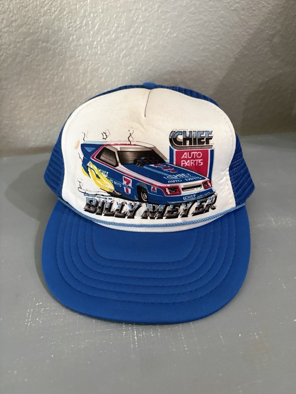 Vintage 1987 Billy Meyer Chief Auto Parts NHRA Trucker Hat Puffin Snapback